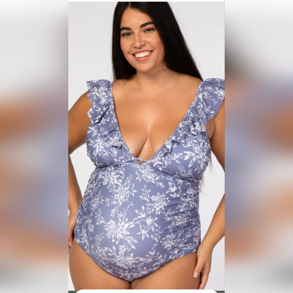 Pink Blush Maternity Swimsuit Extra Large Lavender Floral Ruffle